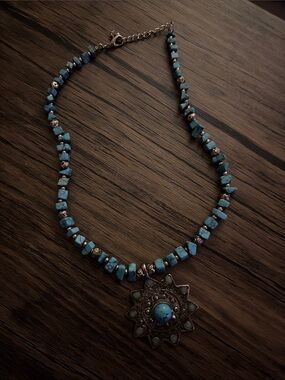Turquoise Bead Necklace with Ornate Sunburst Pendant